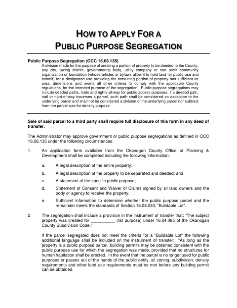 Public Purpose Segregation Application, Okanogan County form, first page