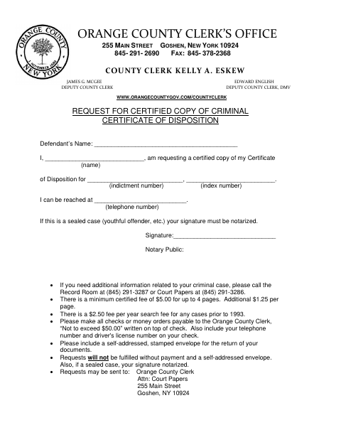 Request for Certified Copy of Criminal Certificate of Disposition, Orange County form, first page