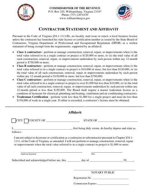 Contractor Statement and Affidavit, City of Williamsburg form, first page