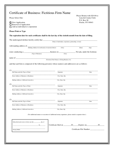 Certificate of Business: Fictitious Firm Name, Lincoln County form, first page