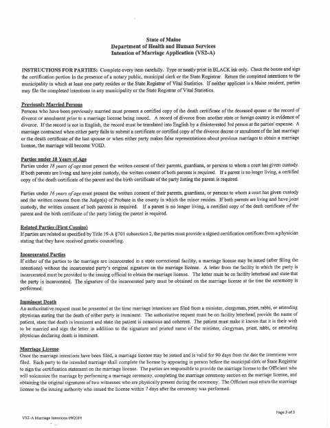 First page of the Intentions of Marriage Application
