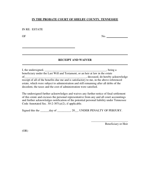 Receipt and Waiver, Shelby County form, first page