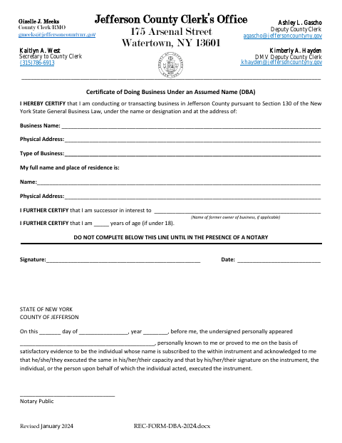 Certificate of Doing Business Under an Assumed Name, Jefferson County form, first page