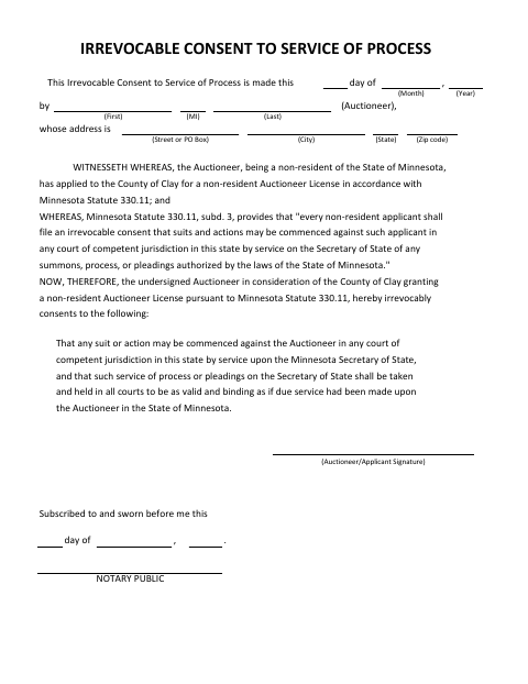 Irrevocable Consent to Service of Process, Clay County form, first page