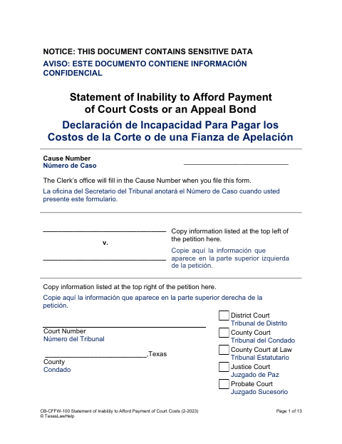 Statement of Inability to Afford Court Costs or Appeal Bond, Grayson County form, first page