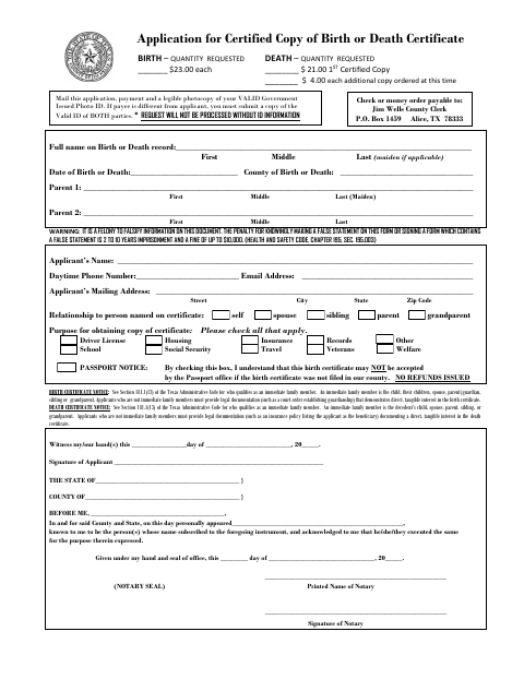 Application for Certified Copy of Birth or Death Certificate, Jim Wells County form, first page