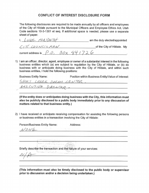 First page of the Conflict of Interest Disclosure Form