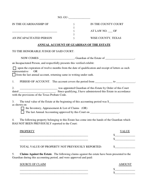 Annual Account of Guardian of the Estate, Wise County form, first page
