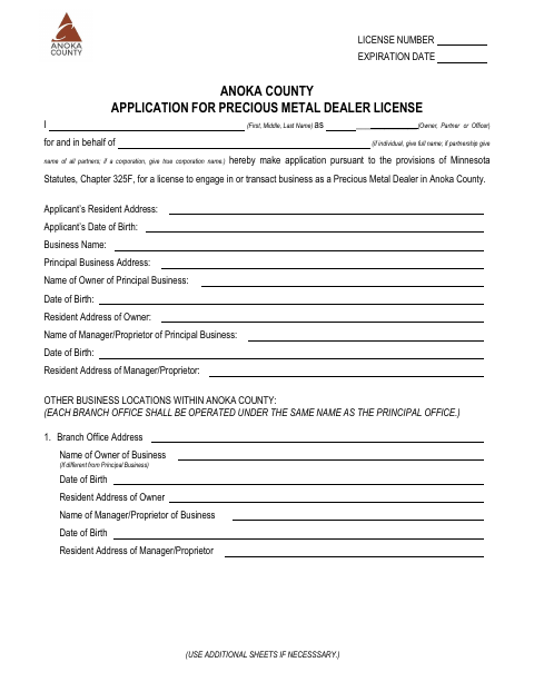 Application for Precious Metal Dealer License, Anoka County form, first page