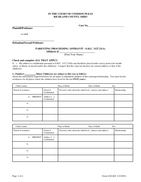 Parenting Proceeding Affidavit, Richland County form, first page
