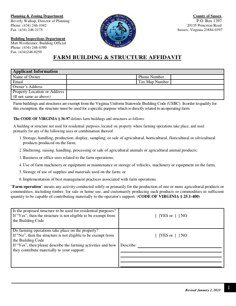 Farm Building & Structure Affidavit, Sussex County form, first page