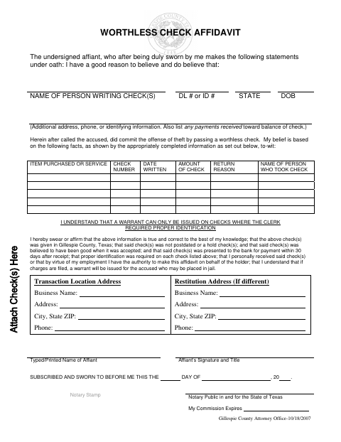 Worthless Check Affidavit, Gillespie County form, first page