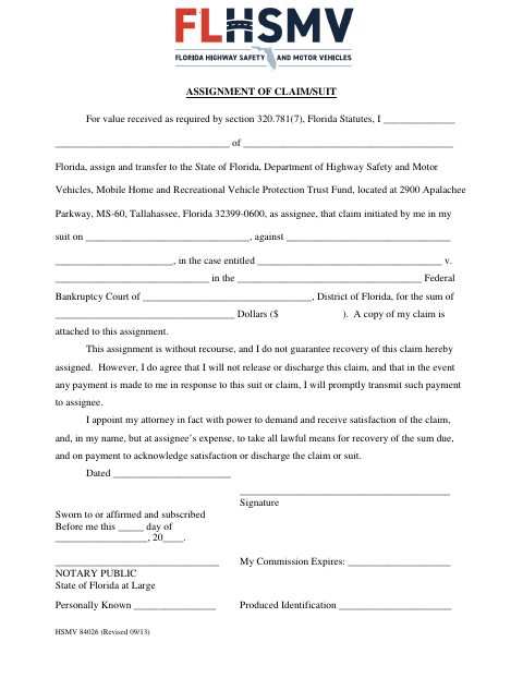HSMV 84026 Assignment of Claim/Suit first page
