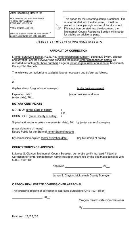Affidavit of Correction for Condominium Plats, Multnomah County form, first page