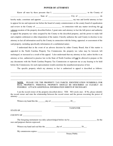 Power of Attorney, Onslow County form, first page