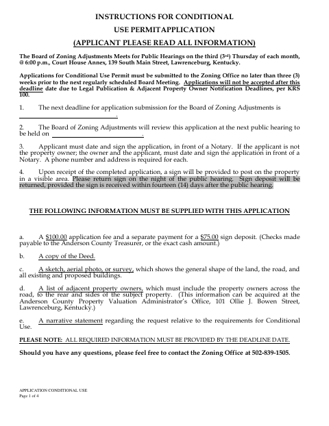 Application Conditional Use, Anderson County form, first page