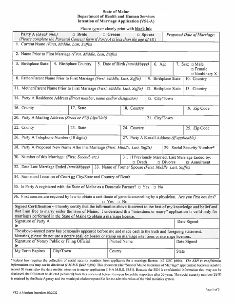 First page of the Intention of Marriage Application