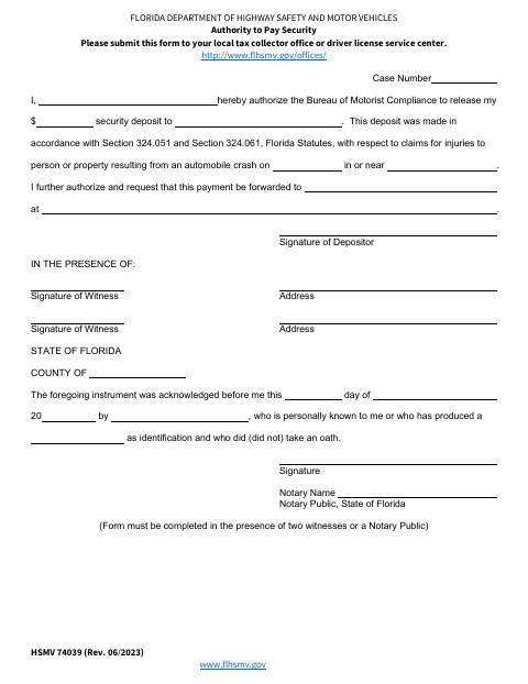 HSMV 74039 Authority to Pay Security first page