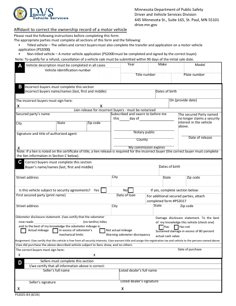PS2025-B3 Affidavit to Correct Motor Vehicle Ownership Record first page