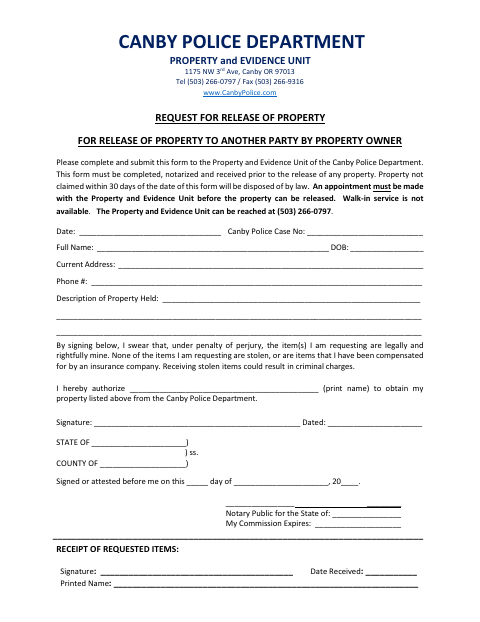 First page of the Request for Release of Property to Another Party