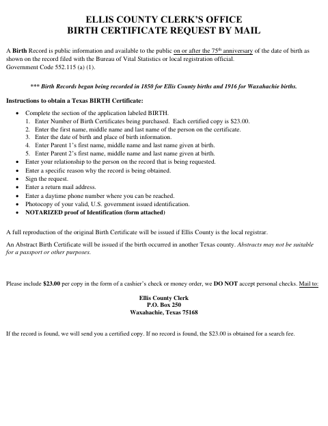 Birth Certificate Request By Mail, Ellis County form, first page