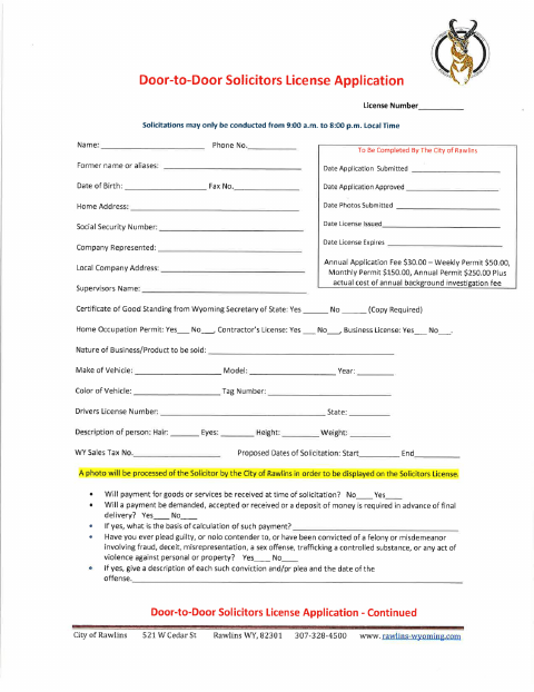 First page of the Door-to-Door Solicitor License Application
