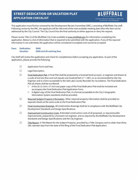 First page of the Street Dedication or Vacation Application