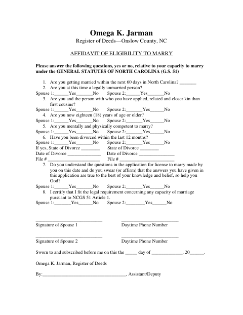 Affidavit of Eligibility to Marry, Onslow County form, first page