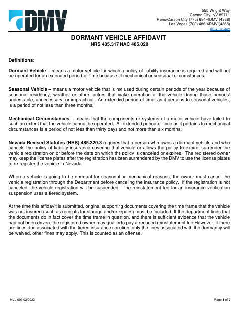 NVL 003 Dormant Vehicle Affidavit first page