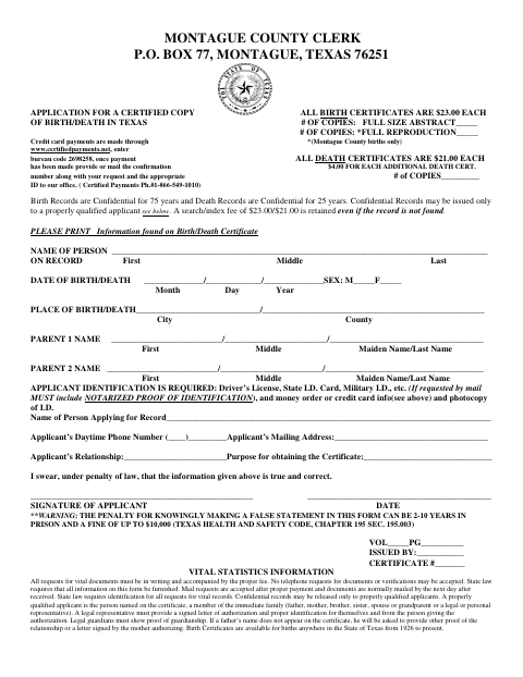 Application for a Certified Copy of Birth or Death Certificate, Montague County form, first page