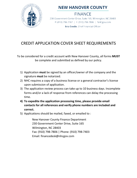 Credit Application, New Hanover County form, first page