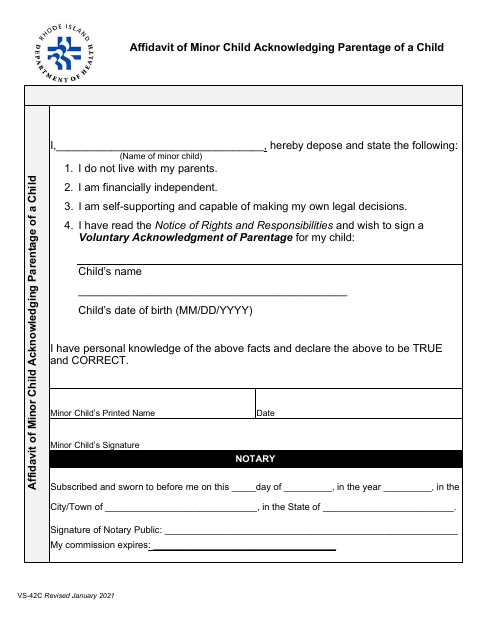 VS-42C Affidavit of Minor Child Acknowledging Parentage first page