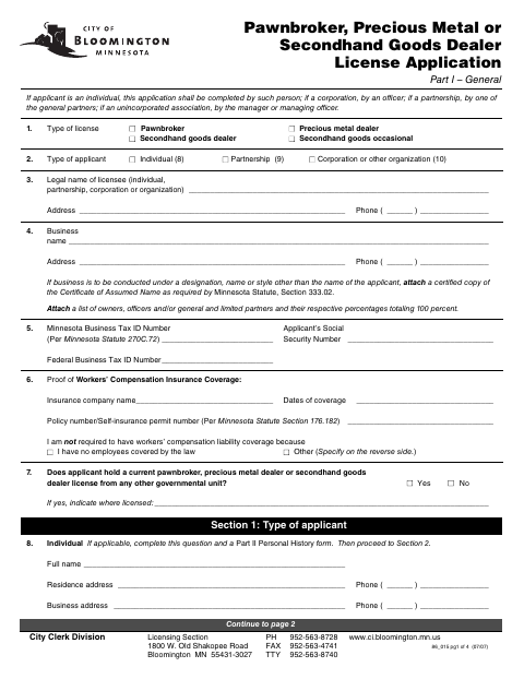 First page of the Pawnbroker, Precious Metal or Secondhand Goods Dealer License Application Part I