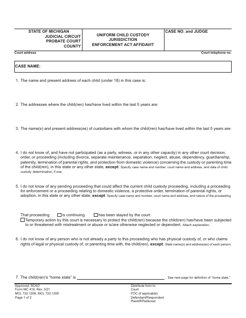 Uniform Child Custody Jurisdiction Enforcement Act Affidavit, Saginaw County form, first page
