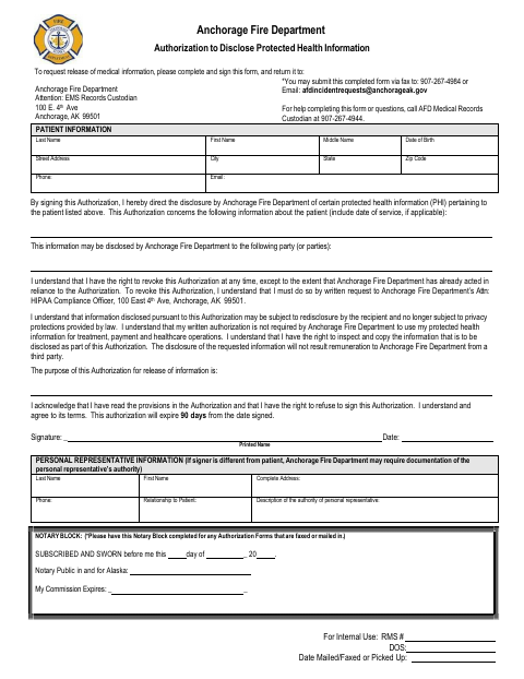 Authorization to Disclose Protected Health Information, Anchorage Municipality form, first page