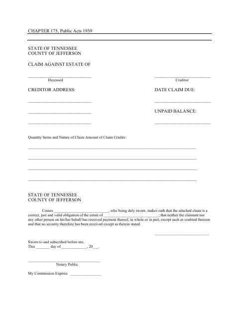 Claim Against Estate, Jefferson County form, first page