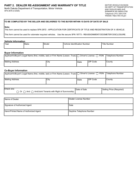 SFN 2878 Dealer Re-Assignment and Warranty of Title first page