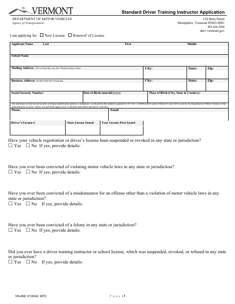 VN-068 Standard Driver Training Instructor Application first page