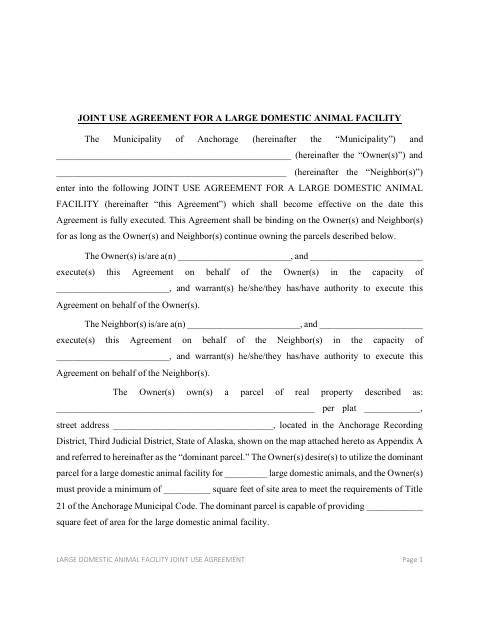 Joint Use Agreement for a Large Domestic Animal Facility, Anchorage Municipality form, first page