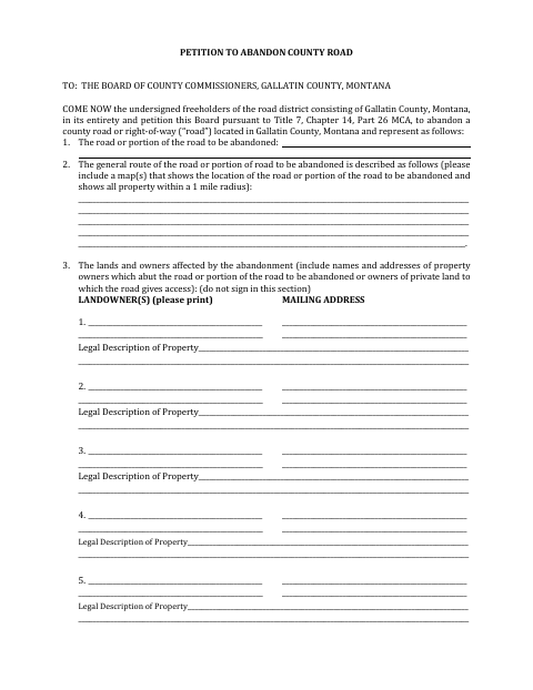 Road Abandonment Petition, Gallatin County form, first page