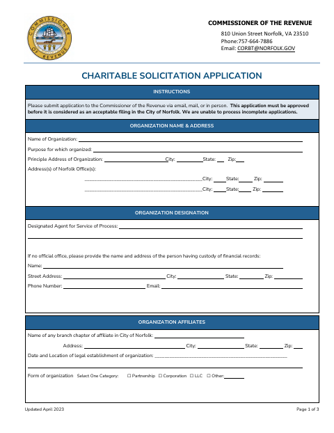 Charitable Solicitation Application, City of Norfolk form, first page
