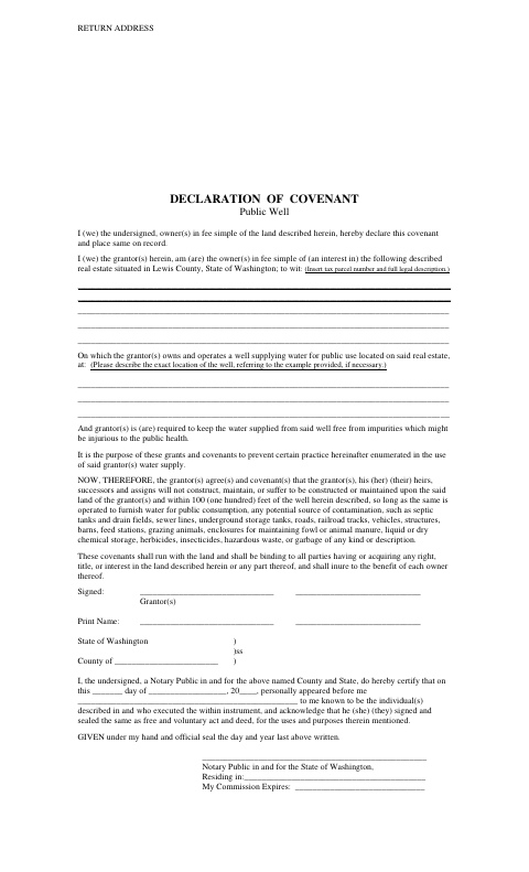 Declaration of Covenant, Lewis County form, first page