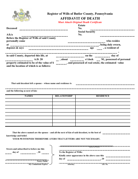 Affidavit of Death, Butler County form, first page