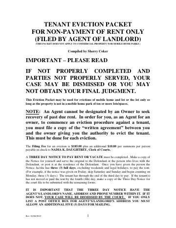 tenant eviction packet for non-payment of rent only (filed by ... — DeSoto County form, first page