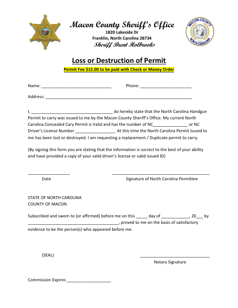 Loss or Destruction of Permit, Macon County form, first page
