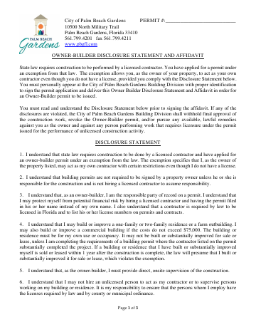 First page of the Owner-Builder Disclosure Statement and Affidavit