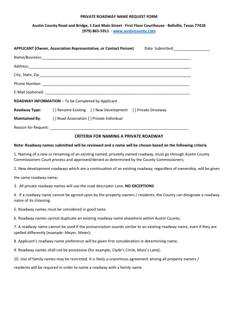 First page of the Private Roadway Name Request Form
