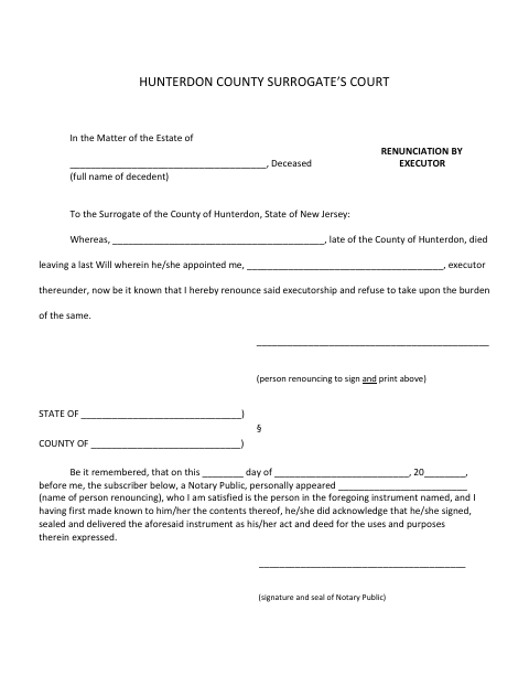 Renunciation by Executor, Hunterdon County form, first page