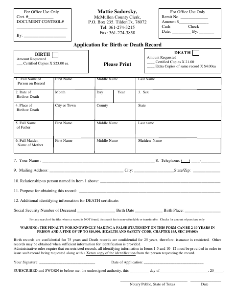 Application for Birth or Death Record, McMullen County form, first page