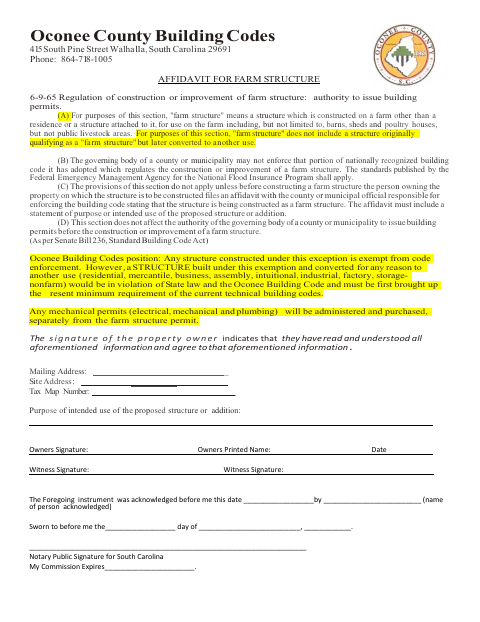 Affidavit for Farm Structure, Oconee County form, first page